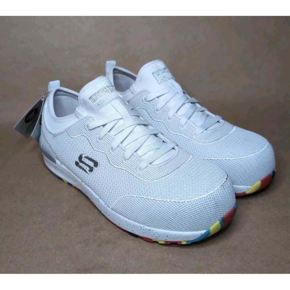 New SKECHERS For Work Women's 9 Bulking Work Sneakers White Silver Composite Toe